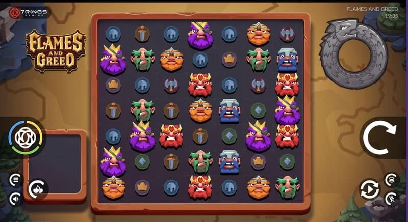 Flames and Greed - pantalla principal con cuadrícula de 7x7